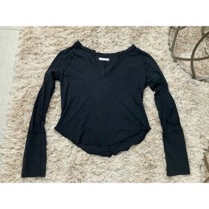 Free People Black V Neck Distressed Long Sleeve Bell Sleeve Top Women's Large